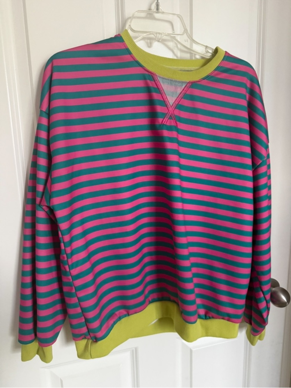 Oversized Striped Crewneck Sweater in Pink and Teal
